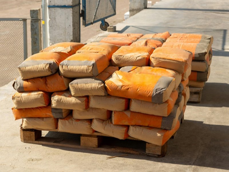 Construction site with cement bags and woven fabric