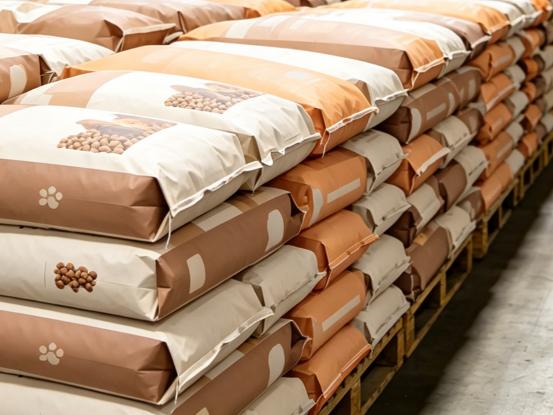 Woven feed bags stacked in warehouse